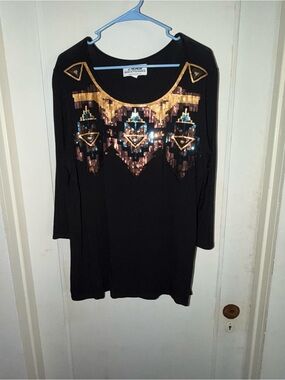 Back in the Saddle Black Sequin Southwestern Geometric Tunic Top XL Long Sleeve